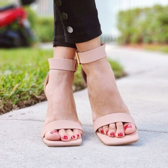 Women's Ankle Strap Block Heel Dress Sandals Nude Color - Picture 7 of 7